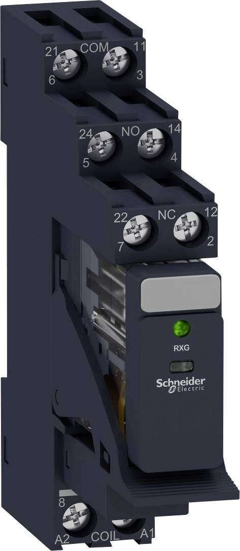 Composant industriel de Schneider Electric : Boîtier sombre avec un voyant vert en haut, bornes de connexion numérotées de 11 à 24.