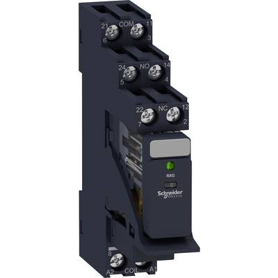 Composant industriel de Schneider Electric : Boîtier sombre avec un voyant vert en haut, bornes de connexion numérotées de 11 à 24.