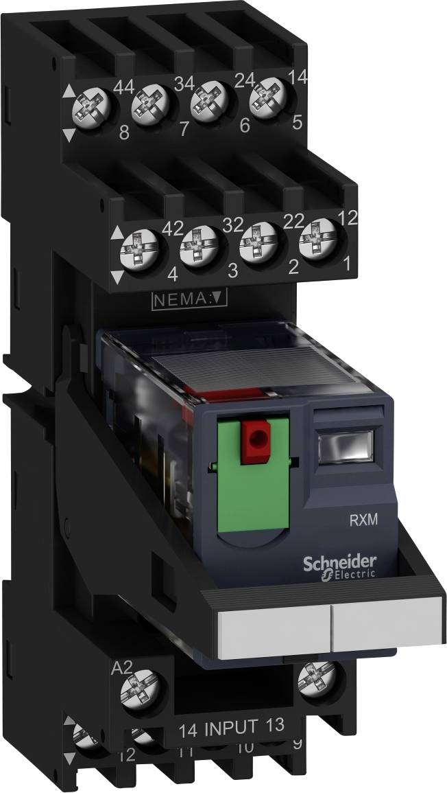 Module relais Schneider Electric, noir, avec marquage vert et rouge, adapté pour les commandes électriques.
