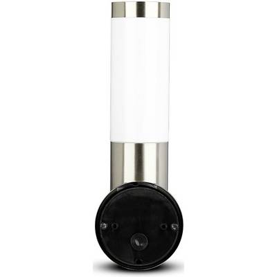 Une caméra extérieure cylindrique dans un boîtier argenté et blanc, adaptée à la surveillance.
