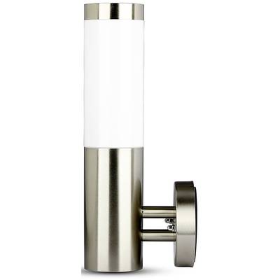 Applique murale moderne en acier inoxydable au design cylindrique ; moitié supérieure blanche, moitié inférieure métallique ; pour un éclairage intérieur élégant.
