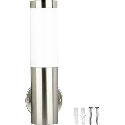 Applique murale cylindrique en argent avec diffuseur blanc, deux vis et chevilles montrant le matériel de montage.
