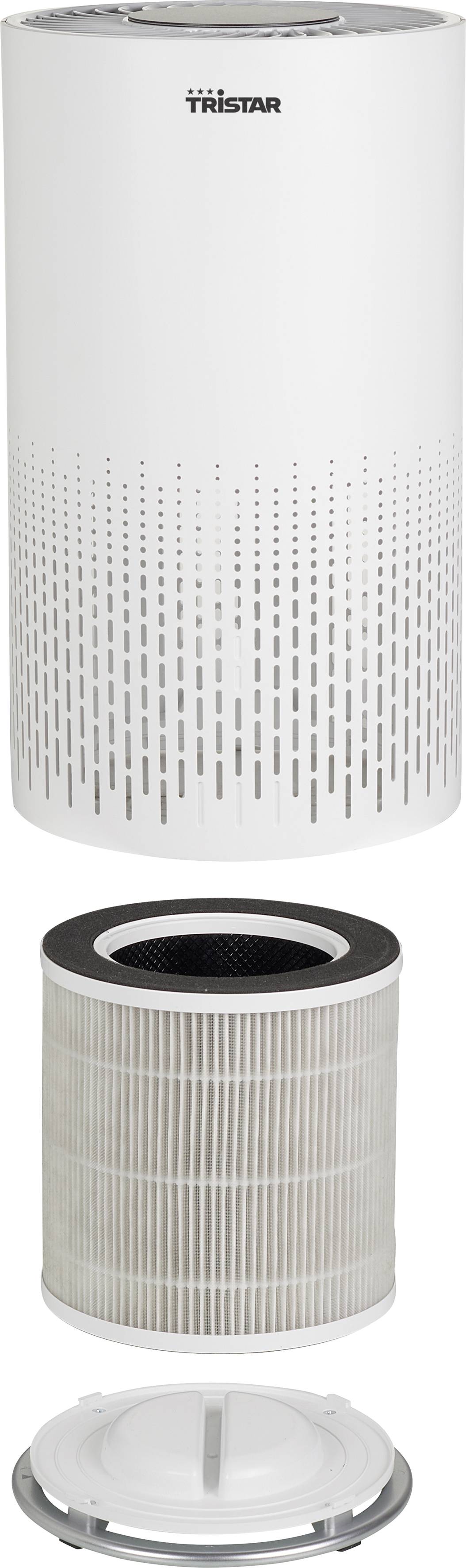 Appareil de filtration d'air avec unité de filtration retirée. Design cylindrique, surface blanche. Filtre présenté dans un boîtier clair en bas.