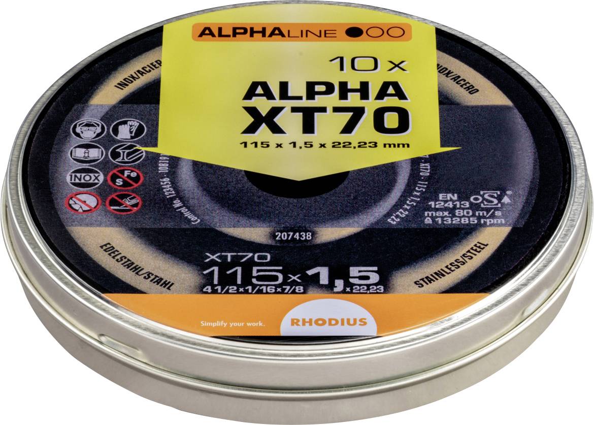Emballage de disques de coupe 'RHODIUS Alpha XT70' pour l'usinage des métaux, contenant 10 disques, diamètre de 115 mm, épaisseur de 1,5 mm, adapté pour l'acier inoxydable.