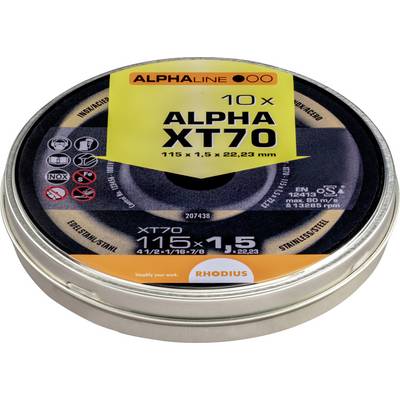 Emballage de disques de coupe 'RHODIUS Alpha XT70' pour l'usinage des métaux, contenant 10 disques, diamètre de 115 mm, épaisseur de 1,5 mm, adapté pour l'acier inoxydable.