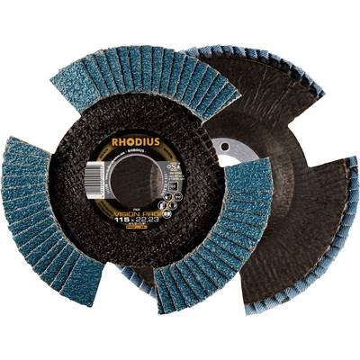 Deux disques de ponçage lamellaires bleus de la marque Rhodius, modèle Vision Pro, superposés, conçus pour une utilisation sur des meuleuses d'angle.