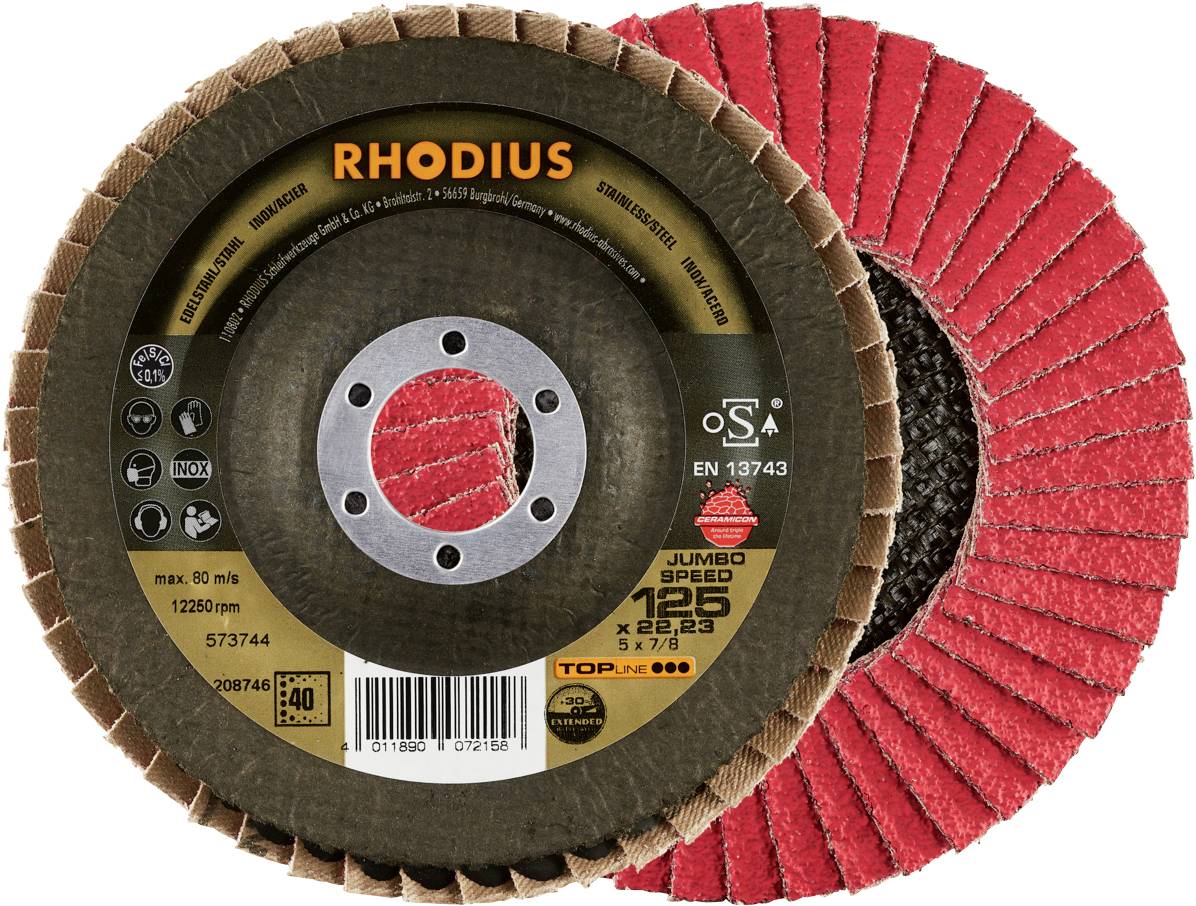 Disque de meulage avec lamelles rouges en forme deventail et support métallique central. Texte sur la face avant : 'RHODIUS', '125 mm', 'max. 80 m/s'.