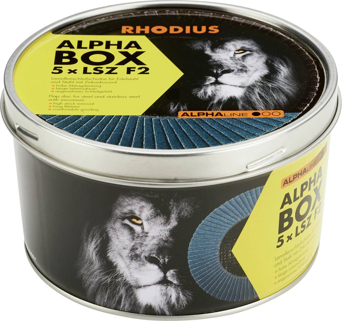 Boîte métallique ronde avec motif de lion, inscription 'ALPHA BOX 5 x LSZ F2', contenant des disques abrasifs. Nom de marque en haut : 'RHODIUS'.