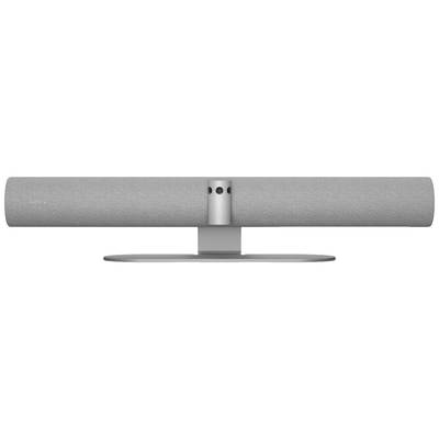 Une barre de son grise sur un support argenté avec un module caméra et microphone intégré au centre.
