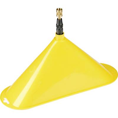 Un grand entonnoir en plastique jaune avec un adaptateur noir et doré en haut, probablement conçu pour verser des liquides en toute sécurité.