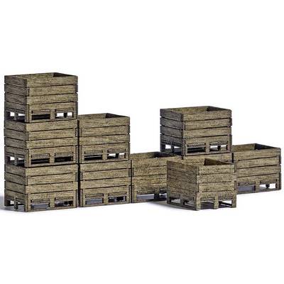 Des caisses en bois empilées de différentes tailles, formant une disposition rectangulaire. Elles paraissent solides et robustes.