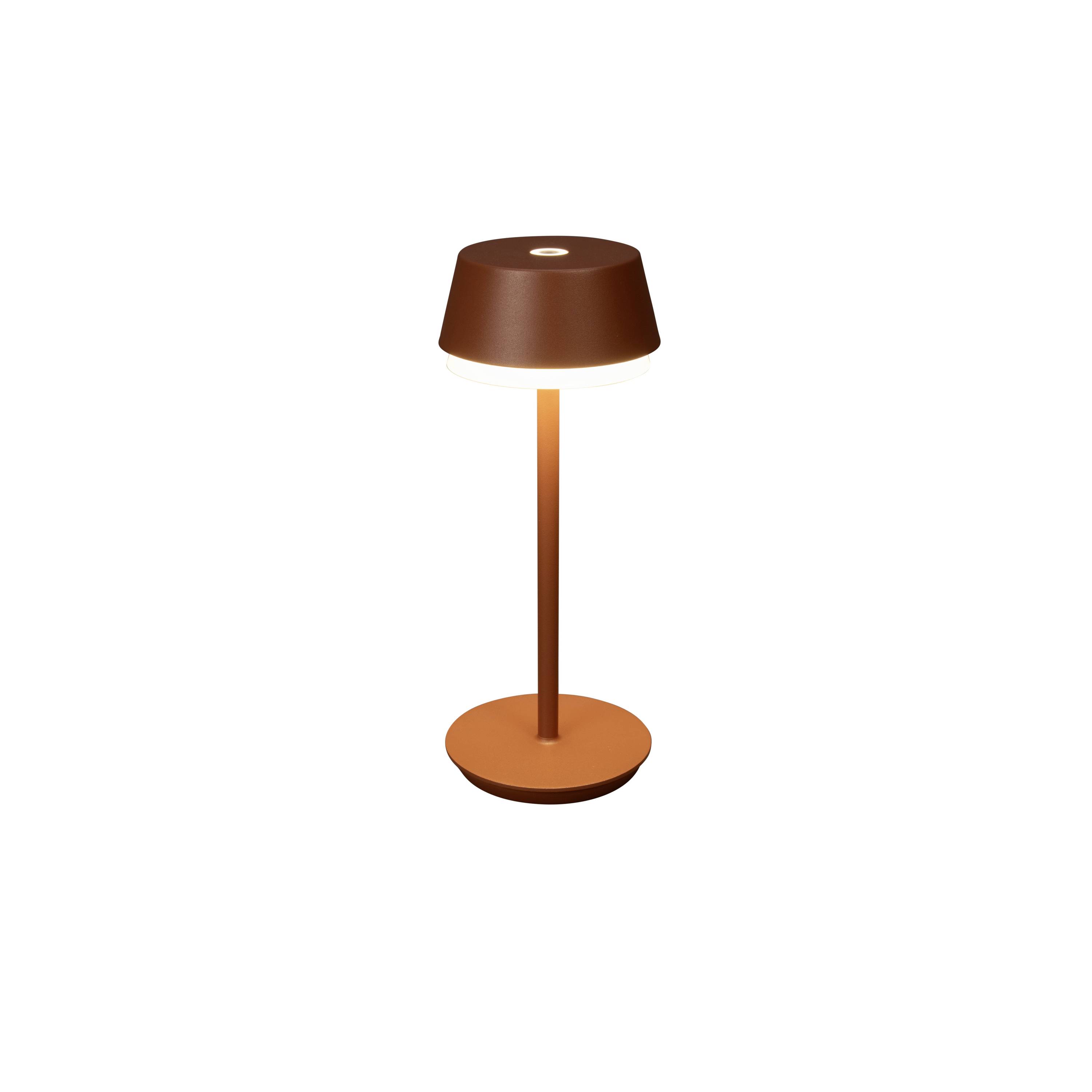 Une lampe de table moderne et minimaliste en métal brun-orangé, éclairant vers le bas, idéale pour bureaux ou tables de chevet.