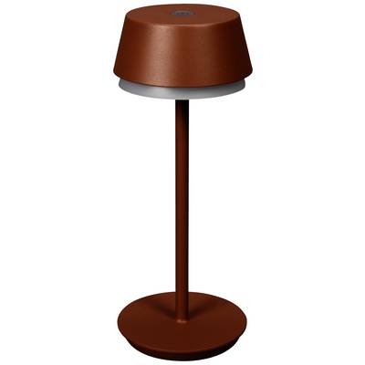 Une lampe de table moderne, sans fil, avec un abat-jour et un socle de couleur rouille, idéale pour un éclairage d'ambiance dans les espaces intérieurs.