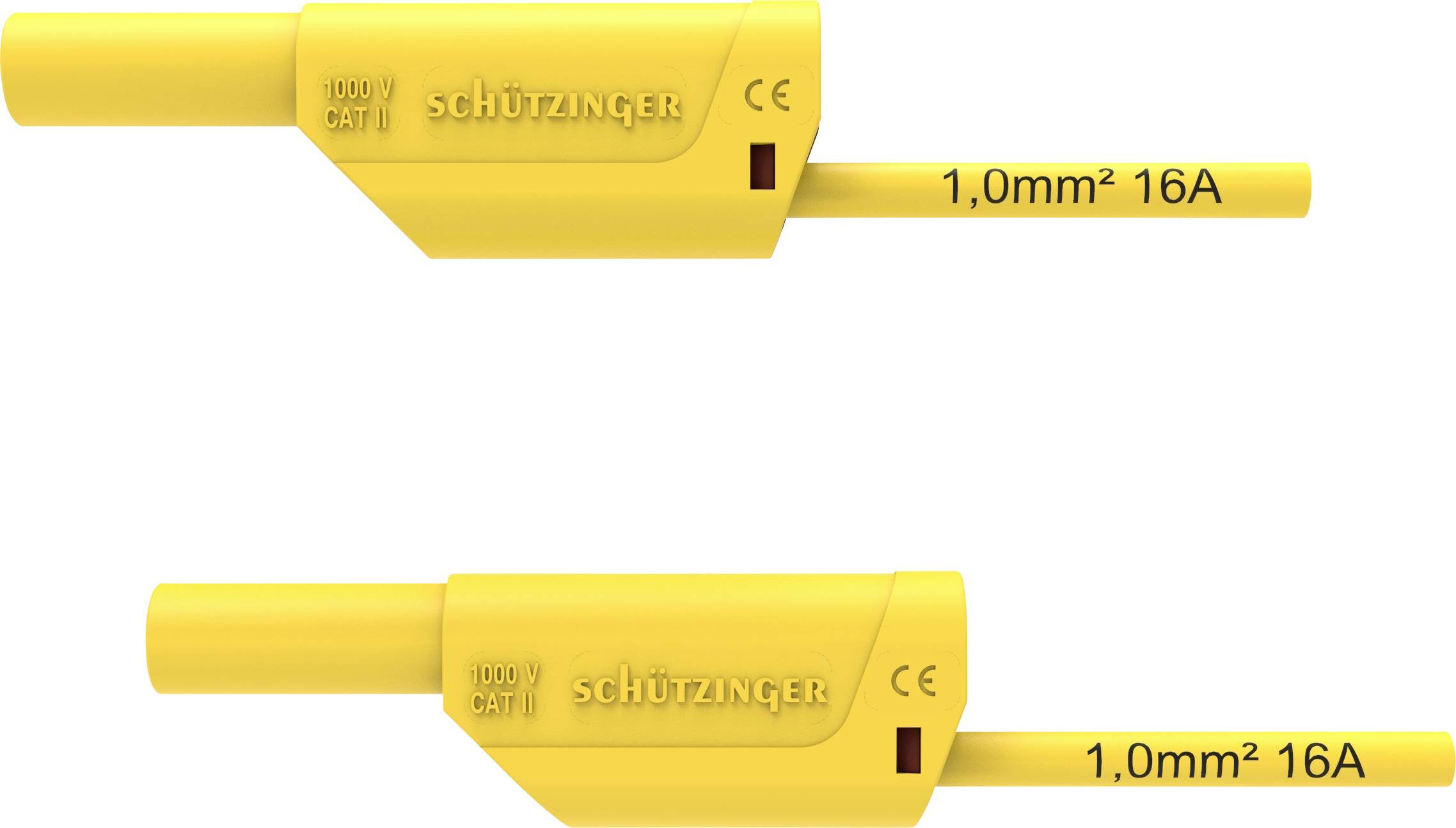 Deux fiches jaunes portant l'inscription 'SCHÜTZINGER', avec l'indication de tension '1000V CAT II' et l'indication de courant '1,0mm² 16A', présentées côte à côte.
