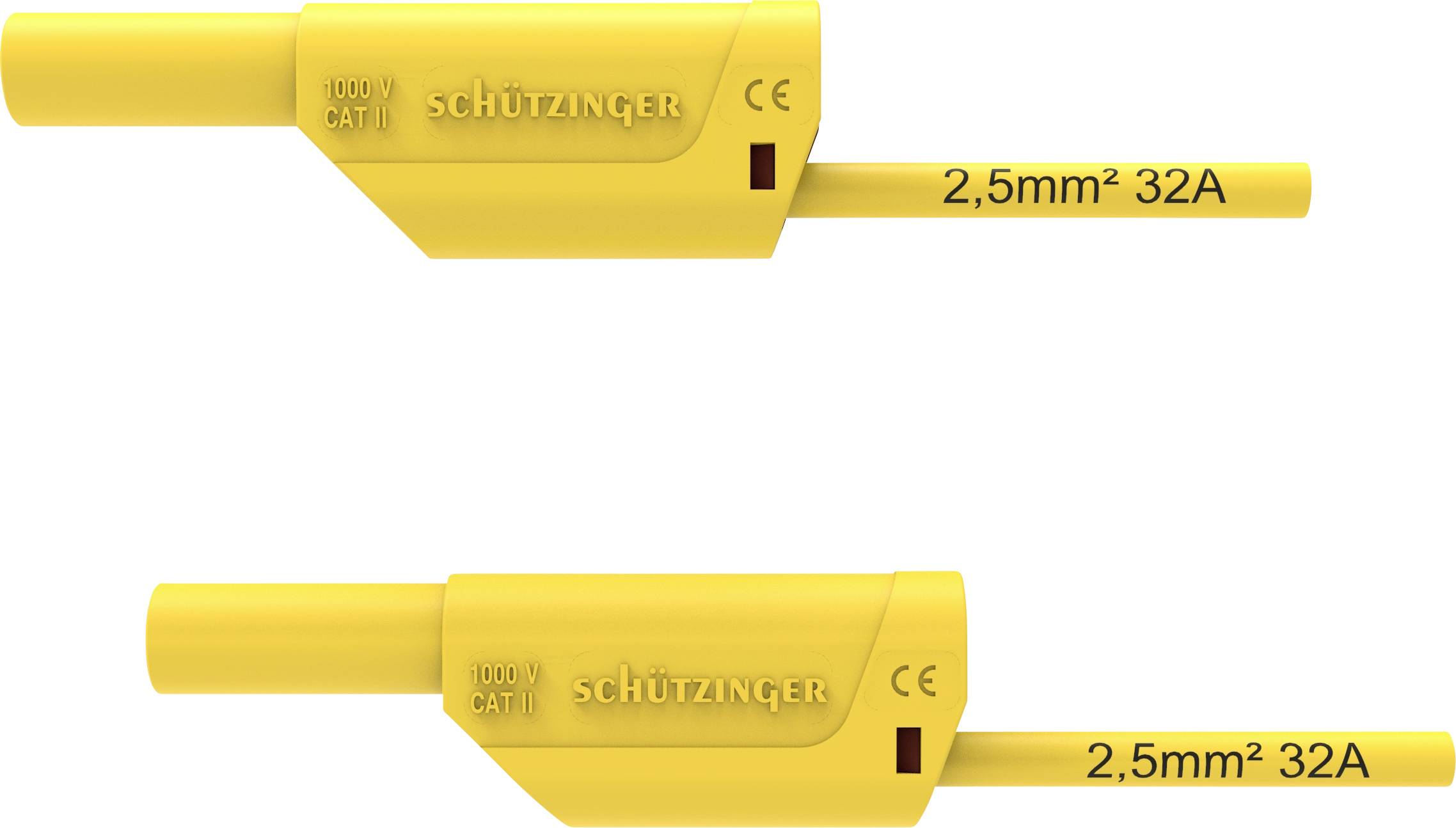 Deux connecteurs jaunes, marqués '1000V CAT II' et '2,5mm² 32A', pour applications électriques, chacun dans une orientation différente.