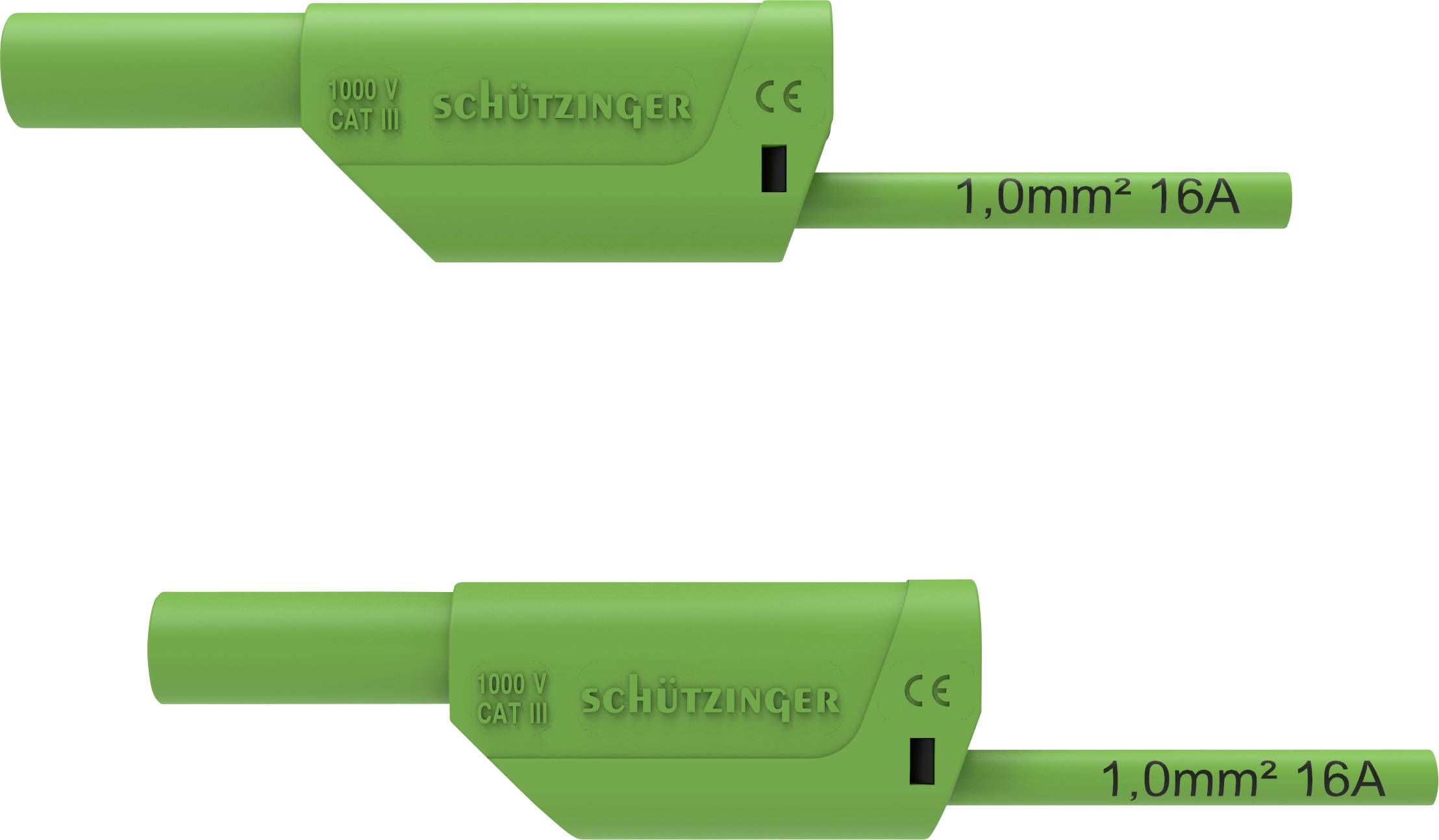 Deux boîtiers de protection verts portant l'inscription '1,0 mm² 16A', de la marque 'Schützinger'. L'un montre la vue de face, l'autre la vue de côté.