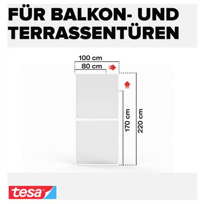 Graphique publicitaire pour portes de balcon et portes de terrasse : affiche un schéma de dimensions de porte ou de cadre de porte avec une largeur de 80/100 cm et une hauteur de 170/220 cm, logo tesa en bas à gauche.
