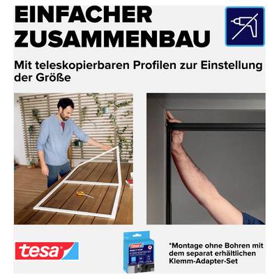 Publicité pour un assemblage simple avec des profils télescopiques pour l'ajustement des dimensions ; un homme assemble un cadre, indication du montage sans perçage avec un kit d'adaptateurs de serrage.
