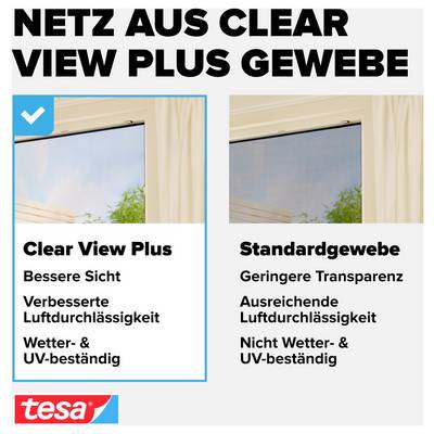 Comparaison publicitaire de tissus de protection contre les insectes : « Clear View Plus » offrant une meilleure visibilité, une perméabilité à l'air ainsi qu'une résistance aux intempéries et aux UV par rapport aux tissus standard.