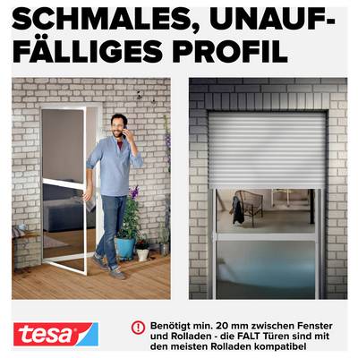 Annonce publicitaire avec le titre « Profil fin et discret » : porte pliante ouverte à gauche devant une porte de terrasse, volet roulant à droite ; indication d'un écart minimum de 20 mm par rapport à la fenêtre.