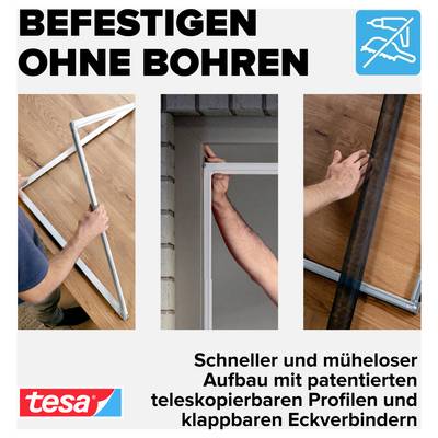 Publicité pour tesa : Fixation sans perçage ; trois images montrent le montage rapide d'un cadre avec des profils télescopiques et des connecteurs d'angle pliables.