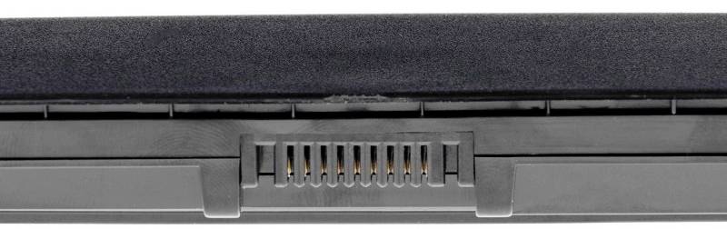 Vue arrière d'une batterie d'ordinateur portable avec des bornes de connexion visibles au centre.