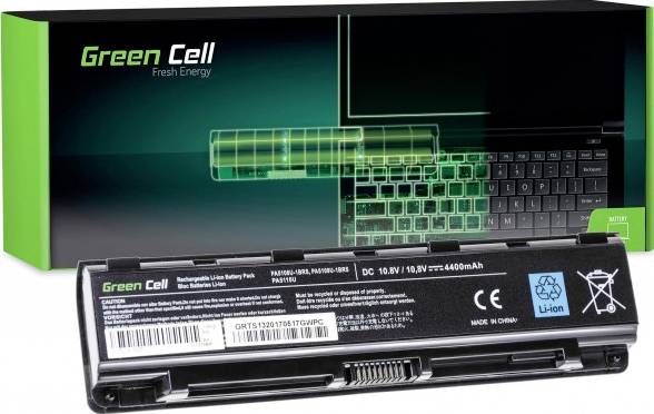 Pack de batterie avec ordinateur en arrière-plan, marque 'Green Cell', capacité 4400mAh, tension 10,8V, adapté à différents modèles de portables.