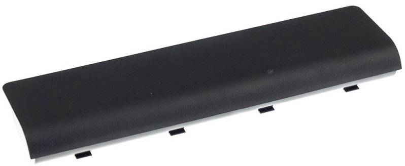 Un accumulateur noir pour ordinateur portable, de forme oblongue, avec une surface supérieure plate et des contacts de connexion visibles sur la face inférieure.