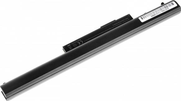 Un accumulateur noir et cylindrique pour ordinateur portable, avec une étiquette et un code-barres sur sa surface supérieure.