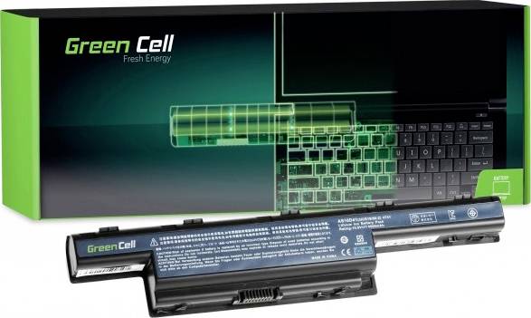 Une batterie de remplacement de Green Cell pour ordinateurs portables, présentée avec son emballage. Marquée avec des spécifications et le logo de la marque.
