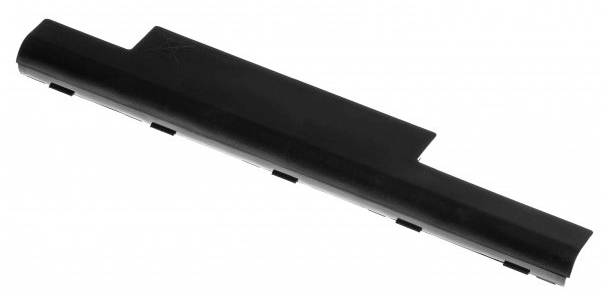 Batterie noire, rectangulaire pour ordinateur portable, avec plusieurs contacts sur sa face inférieure.