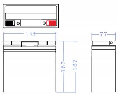 Diagramme d'une batterie avec les dimensions suivantes : largeur 181 mm, hauteur 167 mm, profondeur 77 mm. Bornes positive et négative marquées en haut.