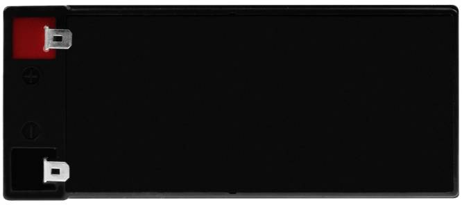 Batterie rectangulaire noire avec deux bornes métalliques saillantes sur le dessus, l'une étant marquée en rouge.