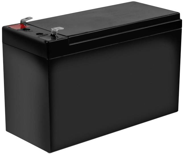 Batterie rectangulaire noire avec bornes en haut à gauche. Utilisation : alimentation électrique pour appareils électroniques.