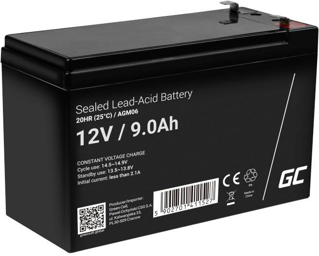 Batterie au plomb-acide noire de 12V, 9,0Ah. Contient des informations techniques : tension, capacité et remarques du fabricant.