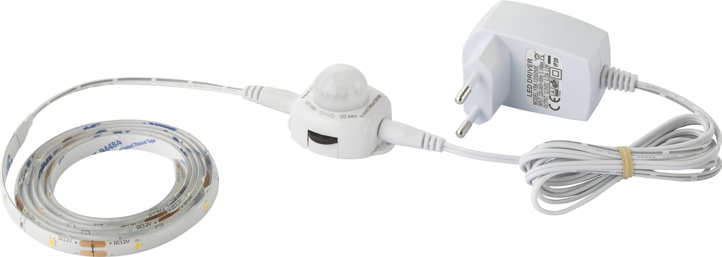 Kit de bande lumineuse LED avec détecteur de mouvement et bloc d'alimentation. La bande est connectée à une prise, prête à être installée.