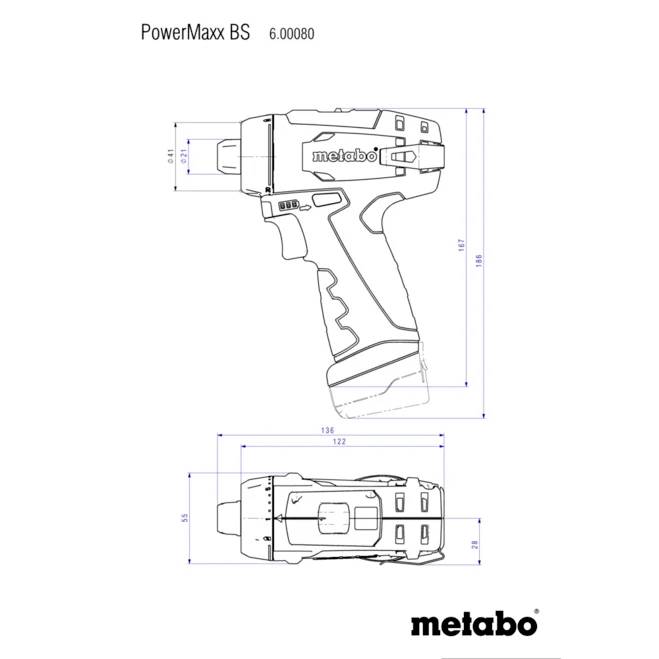 Dessin technique d'un visseuse-perceuse sans fil Metabo PowerMaxx BS avec cotes dans différentes vues, logo Metabo en bas à droite.