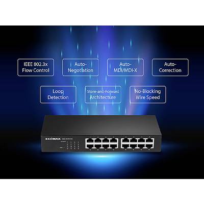 Un switch réseau à 16 ports est présenté. Des fonctionnalités telles que le 'contrôle de flux IEEE 802.3x' et la 'correction automatique' sont mises en évidence.