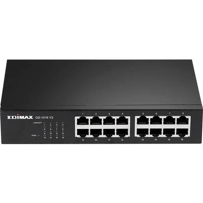 Un commutateur réseau noir de marque Edimax avec 16 ports Ethernet, modèle GS-1016 V2.