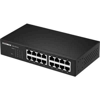 Un commutateur réseau noir avec seize ports Ethernet. Marquage en haut à gauche indiquant 'Edimax GS-1016 V2'. Utilisable pour des connexions réseau simples.