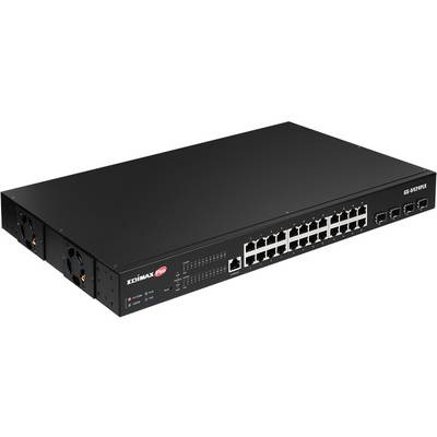 Switch réseau noir avec 24 ports RJ45 et 4 ports SFP supplémentaires. Marquage 'Edimax Pro'. Adapté aux installations réseau professionnelles.