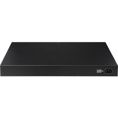 Un dispositif électronique noir et rectangulaire en métal, probablement un serveur ou un équipement réseau, avec un port réseau situé à droite à l'arrière.