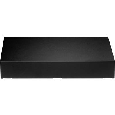 Boîte rectangulaire noire, plate et minimaliste, sur un fond neutre.