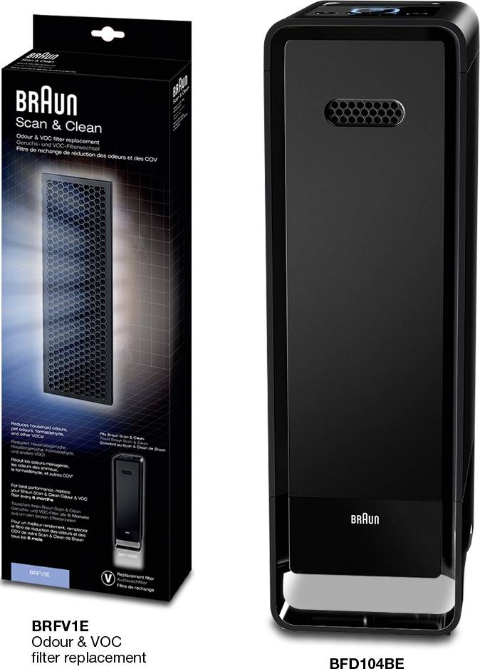 Purificateur d'air Braun au design rectangulaire et élancé, avec aération en partie supérieure. L'emballage présente le même appareil.