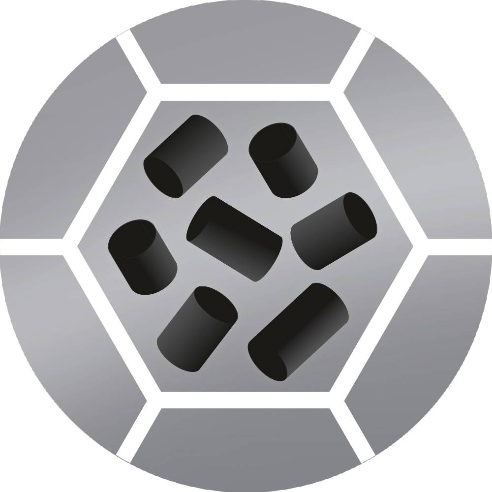 Morceaux de carbone disposés en forme hexagonale sur un fond gris. Symbolise la filtration de l'eau ou la purification de l'air.