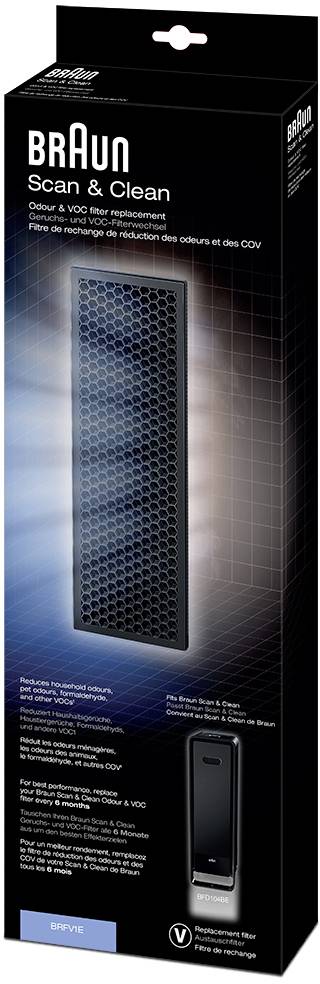 Emballage de filtre à air 'Braun Scan & Clean'. Contient un filtre visuel, des détails du produit et des informations multilingues sur la purification de l'air.