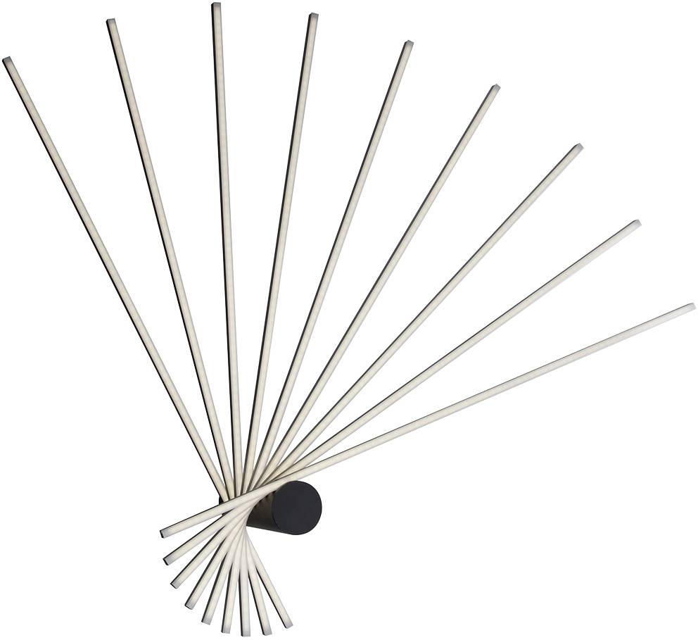 Des baguettes en bois disposées en éventail, formant une sculpture dynamique et spiralée. Design minimaliste avec une touche géométrique.