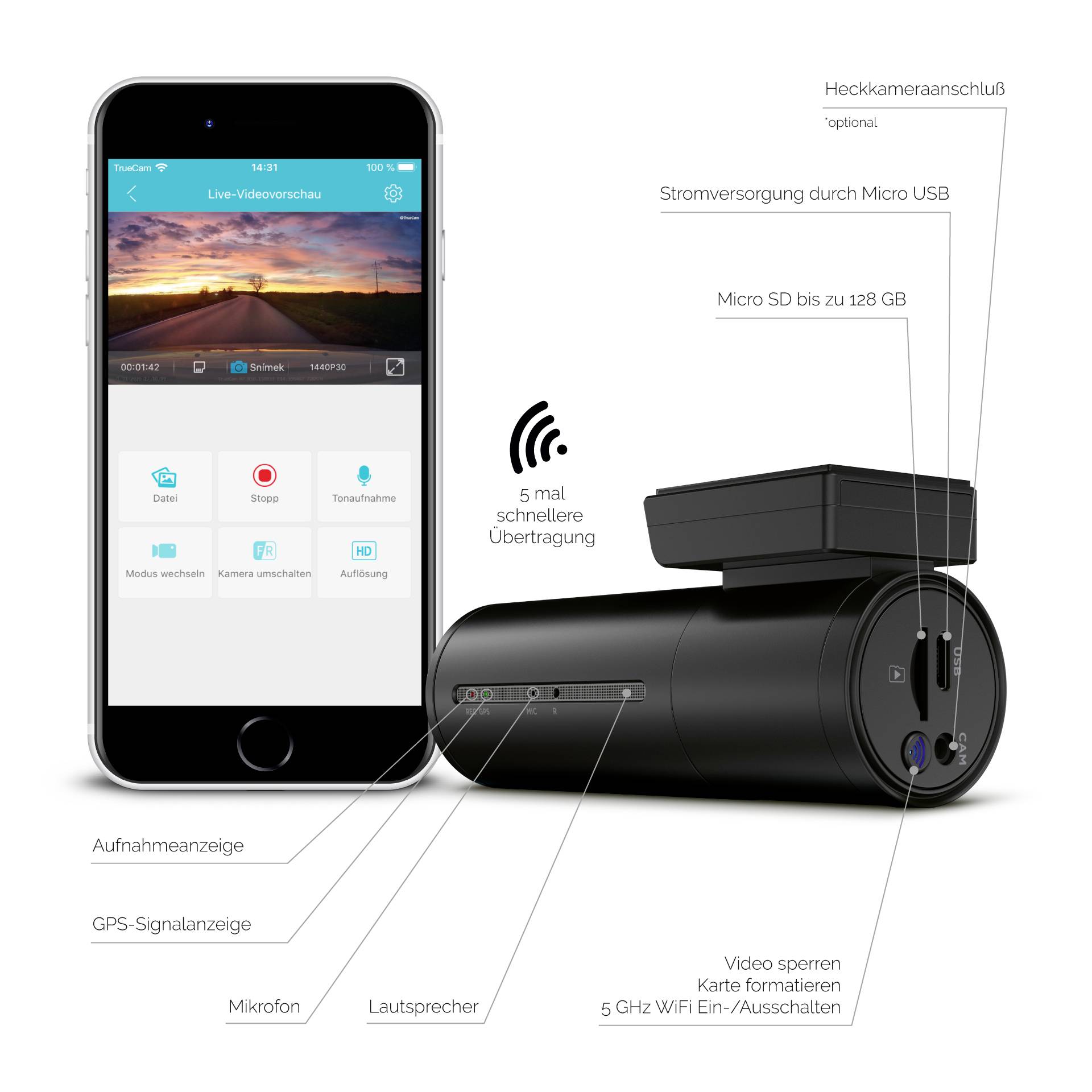 Caméra embarquée + GPS TrueCam H7 Wi-Fi, Démarrage automatique, WDR, GPS avec détection radar, Accéléré, Capteur G, Enre-7