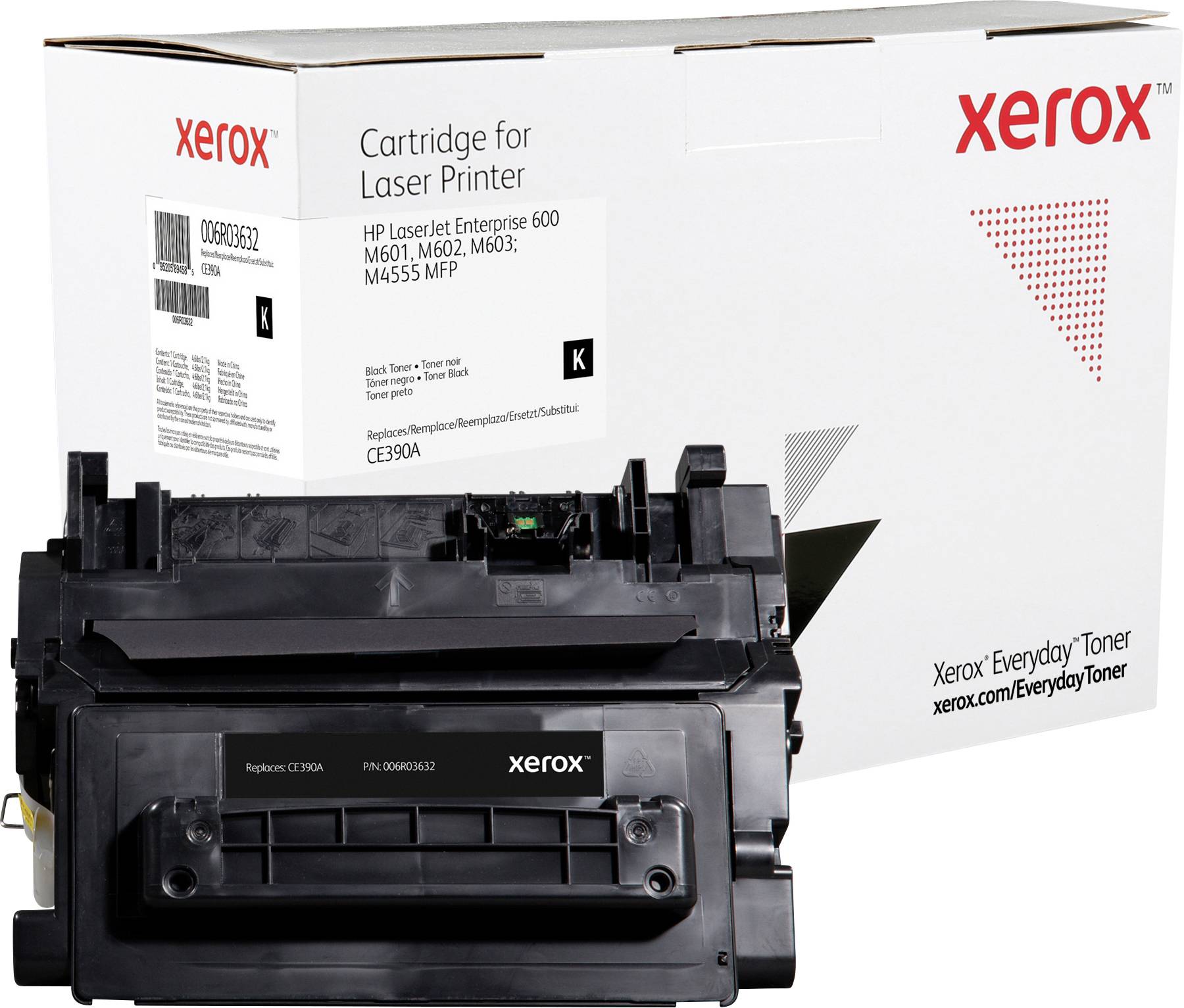 Cartouche de toner Xerox pour HP LaserJet Enterprise 600 montrant une cartouche noire. L'arrière-plan présente l'emballage avec le logo Xerox.