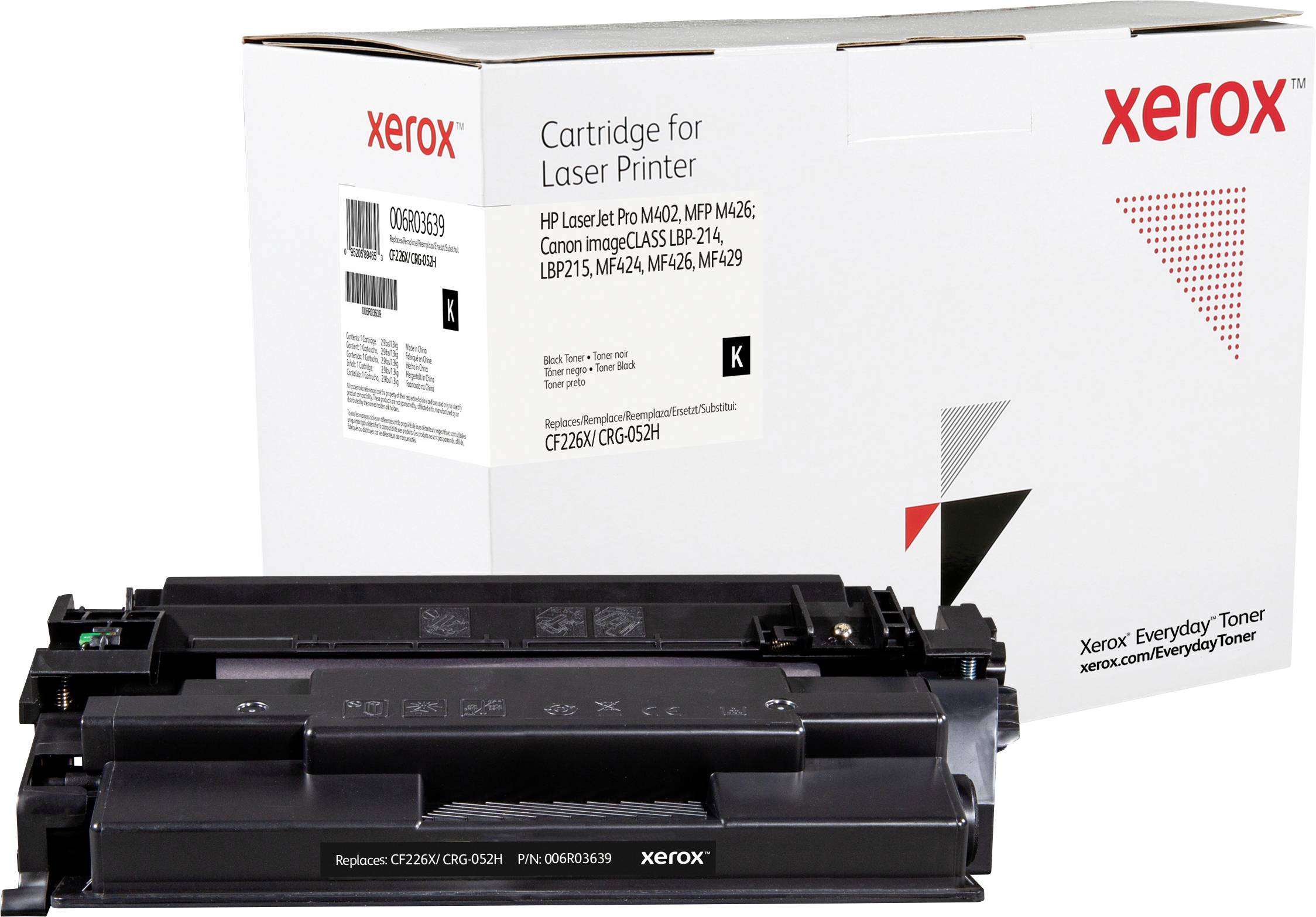 Cartouche de toner laser Xerox, compatible avec les modèles HP et Canon, avec l'emballage en arrière-plan. La compatibilité est mise en évidence.